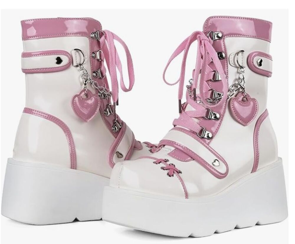 Women Goth Platform Ankle Boots Pink White Lace Up Wedge Heel Combat 12 US